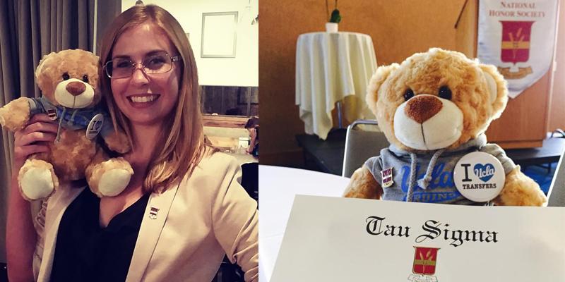 Student holding a plush bear at the Tau Sigma event