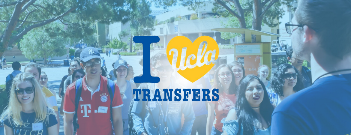 Photo of Transfers standing on campus with I heart UCLA Transfers logo in center